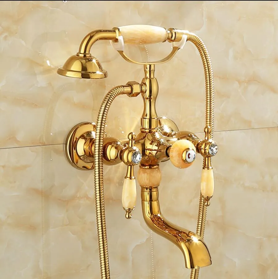 

Vidric Shower Faucet Brass Polished Gold Bathtub Faucets Hand Rain Shower Head Tap Luxury Jade Telephone Wall Bath & Shower Fauc