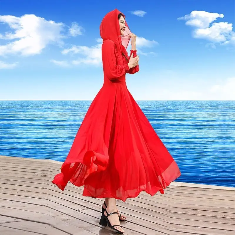 Abito da donna estivo manica lunga con cappuccio protezione solare abito da spiaggia bianco viola rosso abito lungo Plus Size vestido de mujer