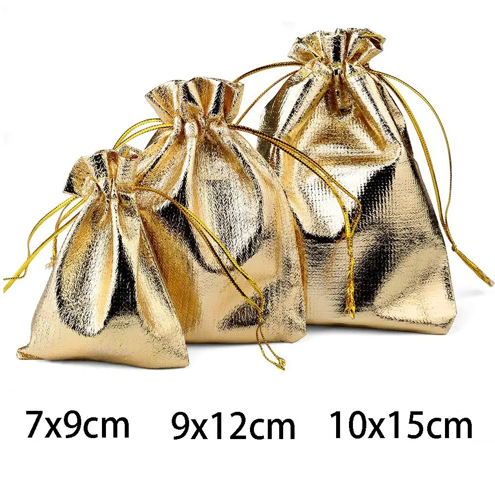 25pcs 7x9/9x12/10x15cm Fabric Packing Gift Bags Gold Color Jewelry Packaging Bag Wedding Party Present Drawstring Pouch