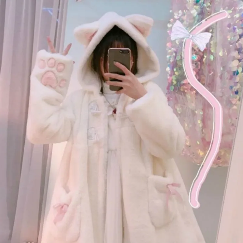 Autumn Winter Japanese Girly Sweet Lolita Coats Warm Soft Plush Cartoon Anime Cute Cat Ears Hooded Jackets Women Kawaii Outwear