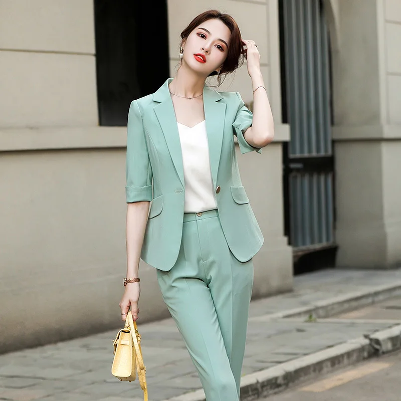 

Novelty Green Formal Uniform Designs Pantsuits Women Business Work Wear Professional Blazers Trousers Sets Half Sleeve OL Styles