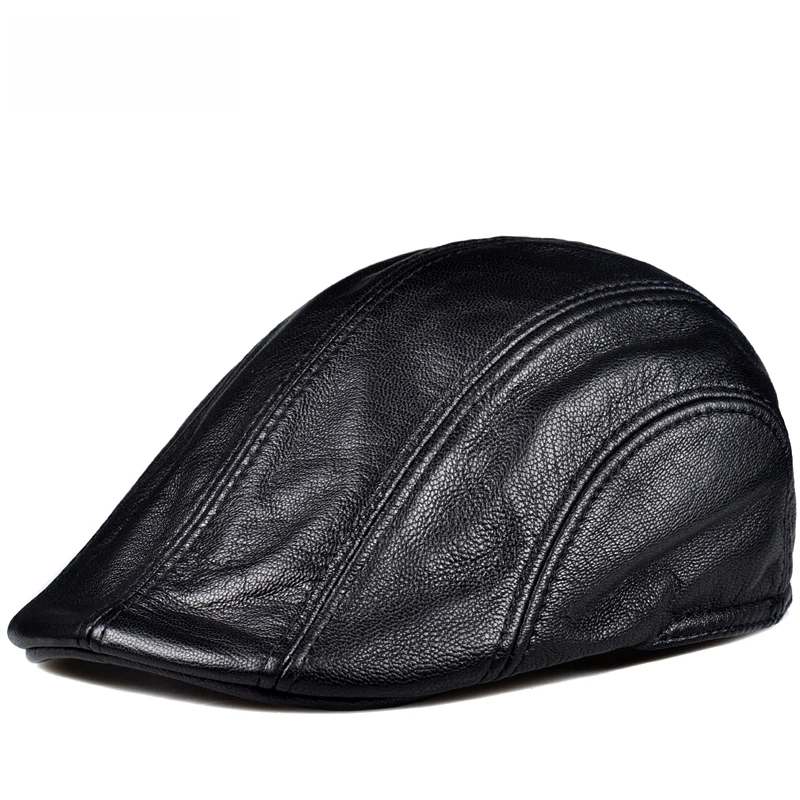 

Beanie Flat Caps Men Real Leather Duckbill Hats Berets Earflaps Black Casual Directors Cap Male Vintage Winter Driving Caps