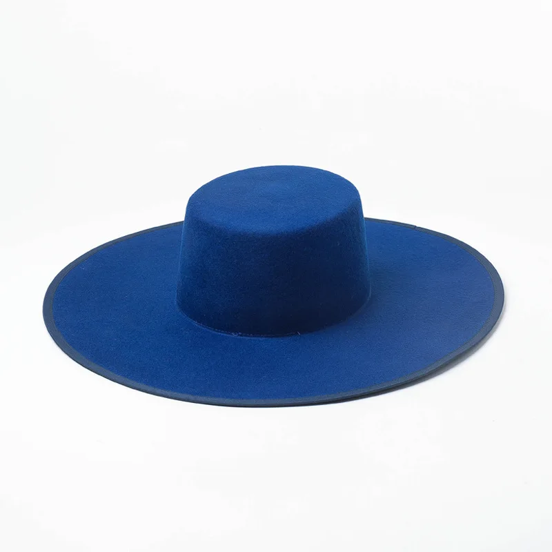 New Blue Real Wool Flat Fedora Hat Men Wome Solid color Big Wide Brim Felt Hat Derby Party Church Hat Adjustable Panama Jazz Hat