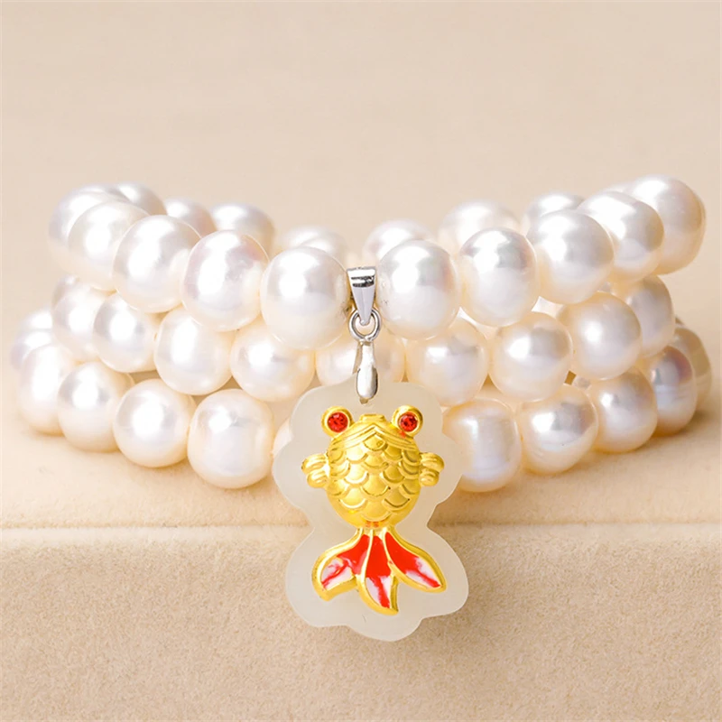 

HABITOO 999 Gold Jade Fish Pendant White Freshwater Pearl Necklace 18inches Jewelry for Women Charming Gifts Daily Wear