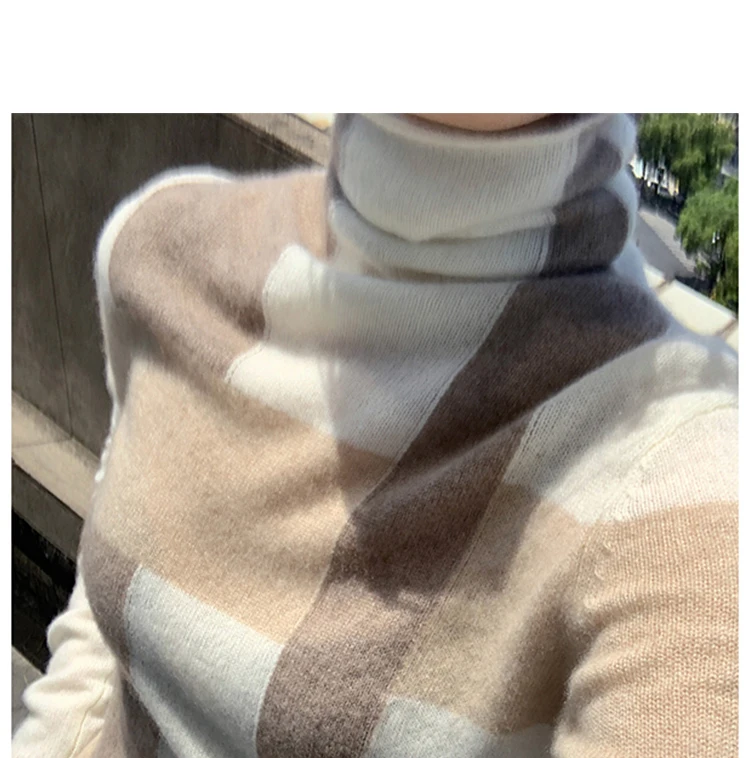 New Cashmere Sweater Women\'s High-Neck Color Matching 100% Pure Wool Pullover Fashion Plus Size Warm Knitted Bottoming Shir