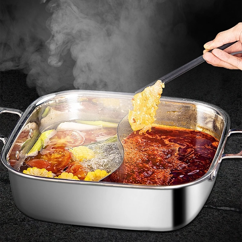 

Thick Bottom Stainless Steel Mandarin Duck Hot Pot Home Gas Induction Cooker Shabu Big Chinese Hotpot Glass Lid Soup Cookware