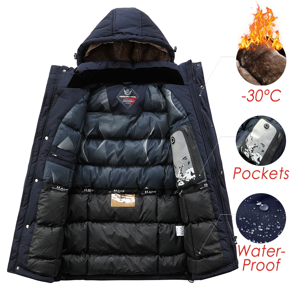 2022 Men Winter New Outdoor Long Waterproof Thick Warm Fleece Parkas Jacket Coat Men Classic Casual Brand Pockets Hat Parka Men