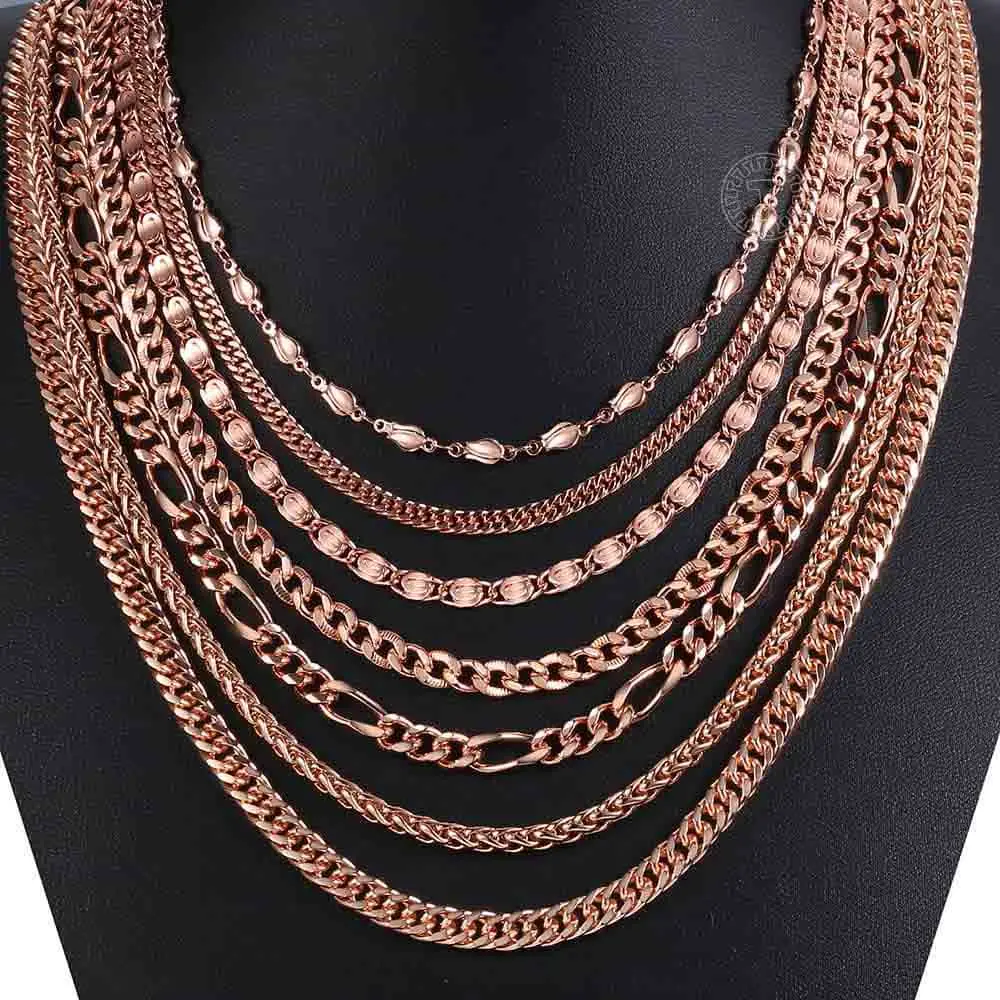 Davieslee Womens Necklace 585 Rose Gold Color Chains Cut Rolo Snail Wheat Link Wholesale Necklace Jewelry 45-55cm LGNN1