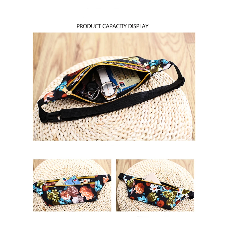 Flower Pattern Waist Bag Printing Waterproof Sport Travel Purse Pocket Phone Fanny Pack Belt Bag Crossbody Wallet Women Bum Bag