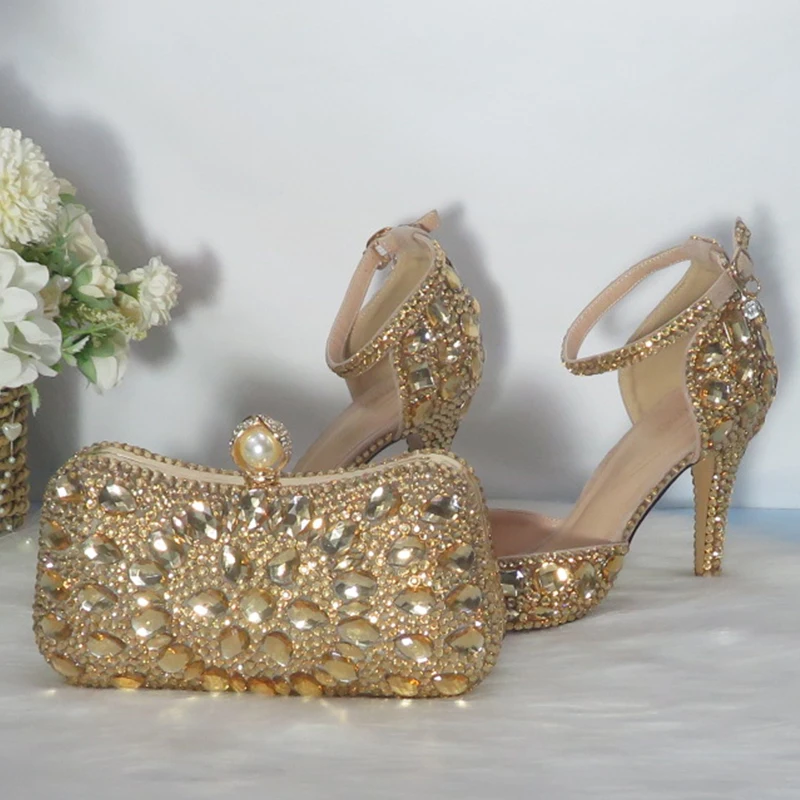 2021New  Golden crystal Bridals Wedding shoes with matching bags Rhinestone high heels ankle strap women party dress shoes