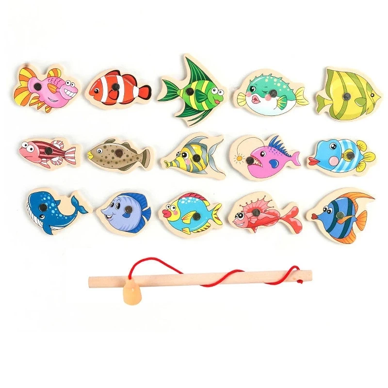 Wooden Magnetic Fshing Game Cartoon Marine Life Cognition Fish Rod Toys for Children Early Educational Parent-child Interactive