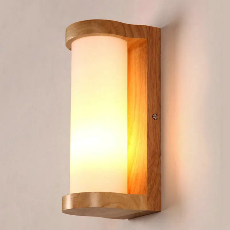 Japanese Decoration Wall Wood Lamp Glass Lampshade Bedroom Entrance Aisle Indoor Home Lights E27 LED Nordic Bedside Wall Light
