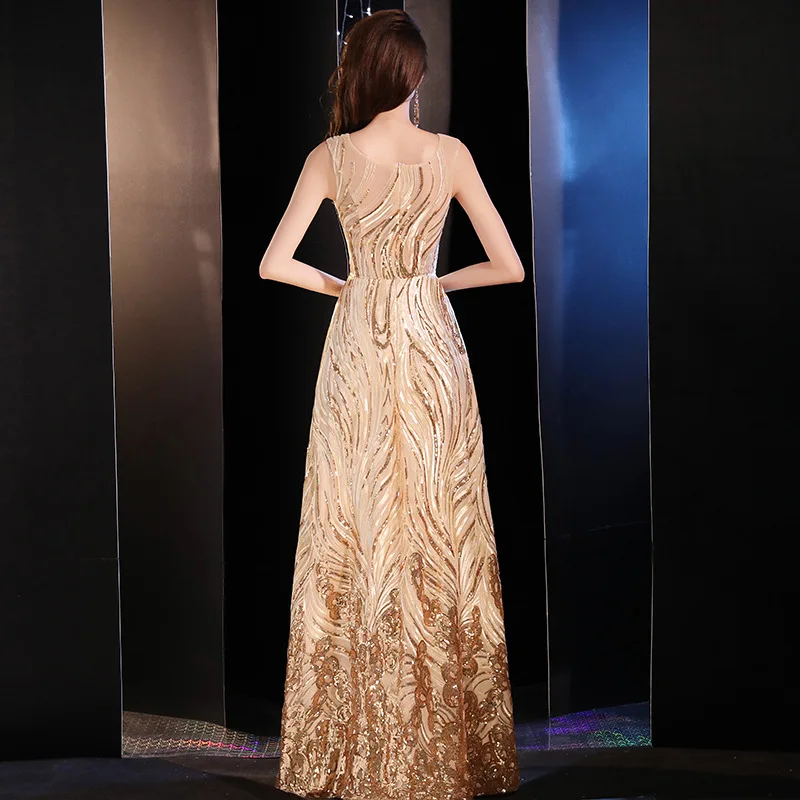 Golden Evening Dress With Shawl Female 2020 New Banquet Noble Sequins Long Section And Thin Annual Meeting Host Party Dress