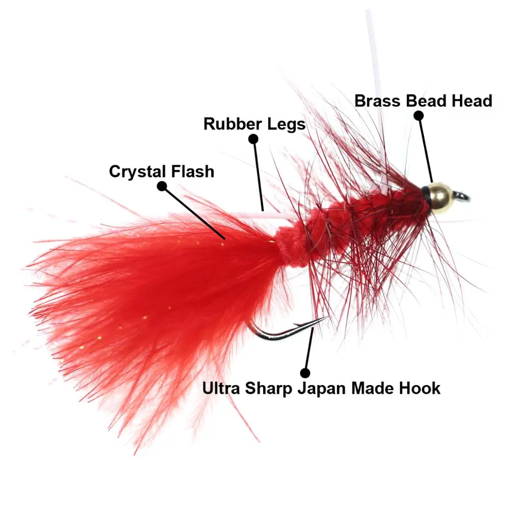 Wifreo 5pcs Crystal Bead Head Woolly Bugger Streamer Fly Olive Brown White Black Red Size 4 6 8