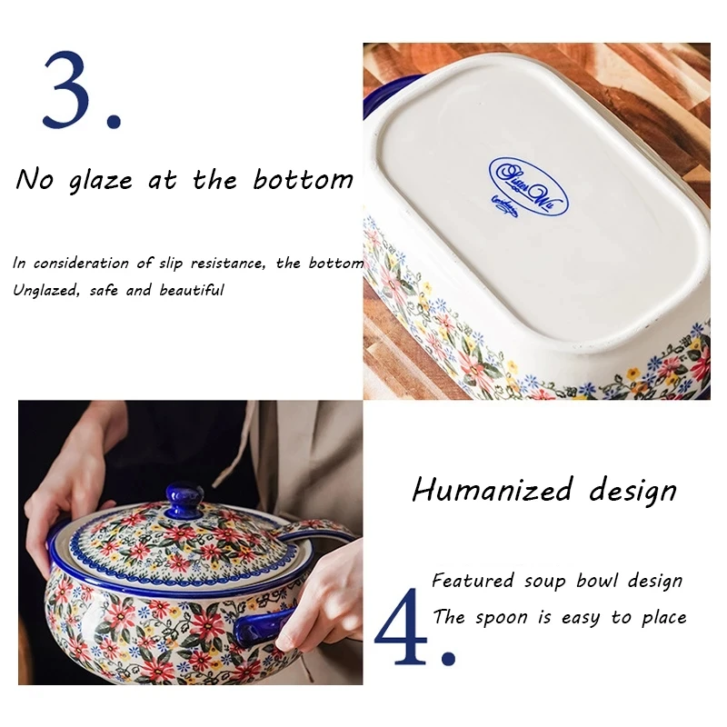 Krusoal Retro Ceramic Handle Salad Bowl Household Oven Breakfast Bake Pan Microwave Bohemia Binaural Soup In-glaze Tableware