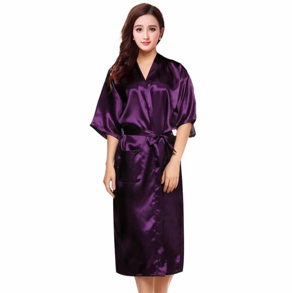 PURPLE Womens Robe Hot Sale Faux Silk Kimono Bath Gown Female Sexy Bathrobe Nightgown Mujer Pijama Size S M L XL XXL XXXL Zh02A