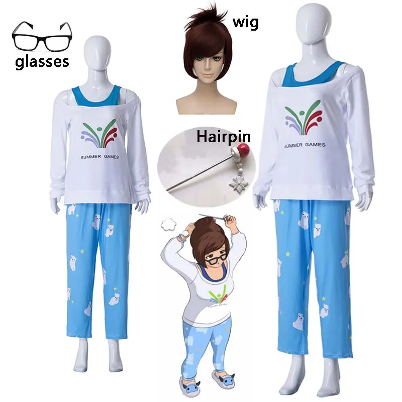 Kawaii Mei Summer Games Sweater  Rise and Shine Cosplay Pajamas Meiling Zhou Costume Mei Polar Bear Pants Halloween and wig