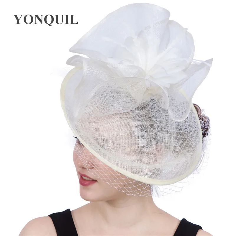 

Elegant Women Wedding Veils Hats Mesh Veilling Ivory Big Fascinator Feather Flower Hats Fashion Headband Derby Birthday SYF186