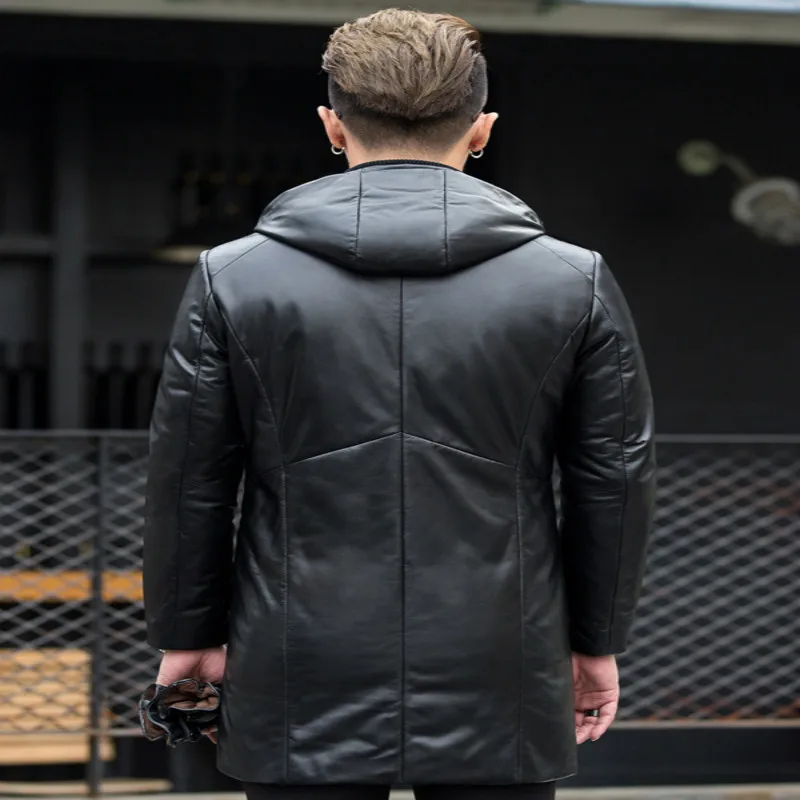 Winter Genuine Leather Jacket Men Clothes 2020 Streetwear Real Sheepskin Duck Down Coat Long Leather Jackets Hooded 6803