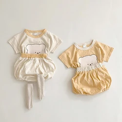 2Pcs Summer Cute Bear Print T-shirt and Bloomer Infant Baby Set Cotton Soft Toddler Clothing Suits