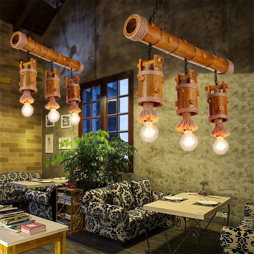 American Three-headed Hemp Rope Pendant Lights Retro Restaurant Bar Coffee Clothing Shop Bamboo