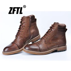 ZFTL New Men Boots Winter boots genuine leather handmade big size brown man casual lace-up boots Non-slip warm boots 2024