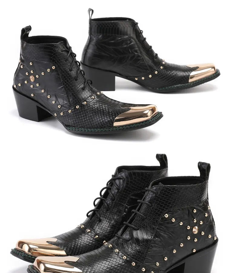 Men's Cowhide Serpentine Print Metal Decor Pointed Toe Belt High‑Heel Short Boots Western Cowboy Boots For Stage Show Party