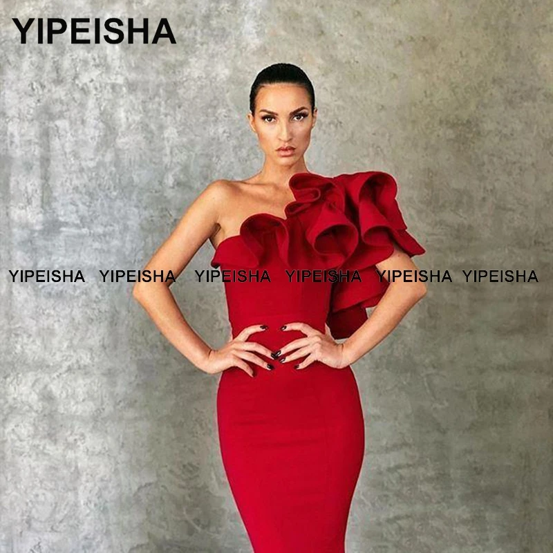 Yipeisha One-shoulder Red Prom Dresses Mermaid Ruffles Satin Long Party Dress Evening Gown for Formal Occasion Robe de Soiree