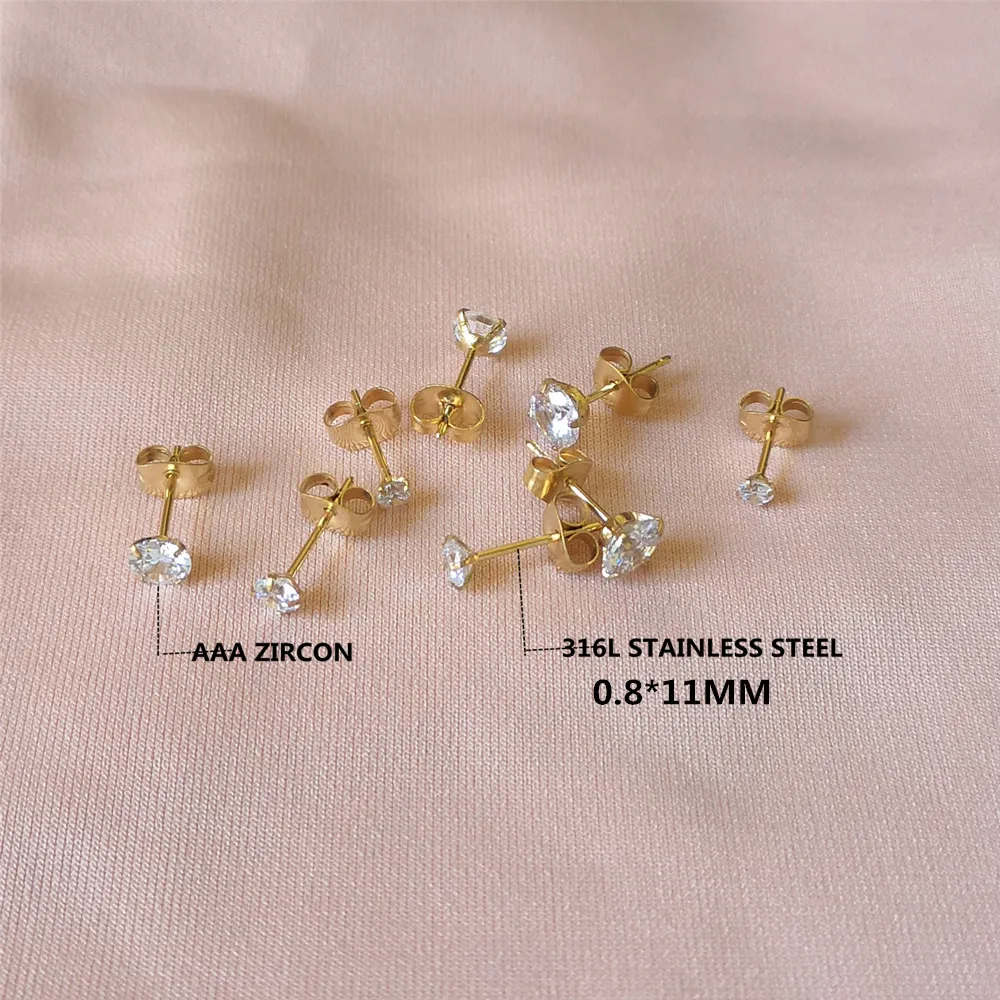 Edelstahl-Ohrstecker, hypoallergen, mit Push-Back-Verschluss und glitzernden AAA-Zirkonia, IP-Beschichtung, 3/4/5/6 mm, Schmuck – Detail 2
