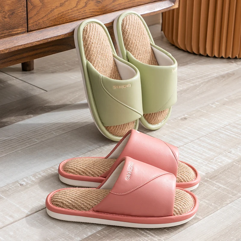Leather Slippers Female Quiet Home Four Seasons Indoor Prevent Absorb Sweat Linen Cotton Slippers Male Modern Slippers Summer