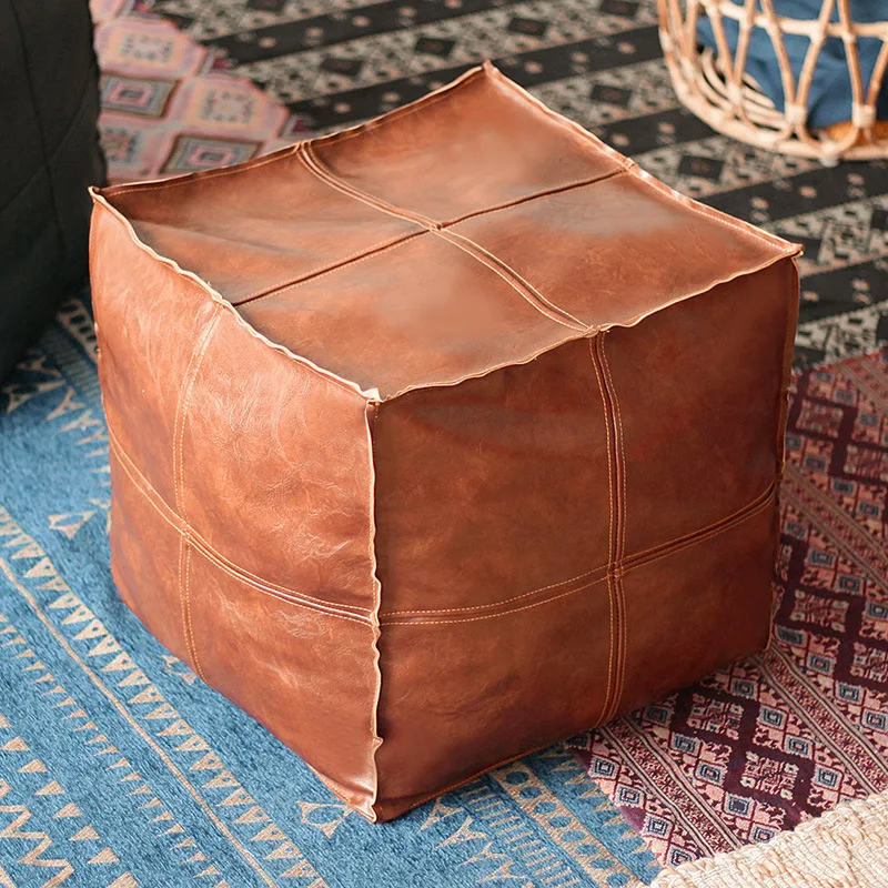 45cm Moroccan Artificial PU Leather Pouf Cover Craft Simple Sofa Ottoman Footstool Unstuffed Living Room Bedroom Cushion Covers