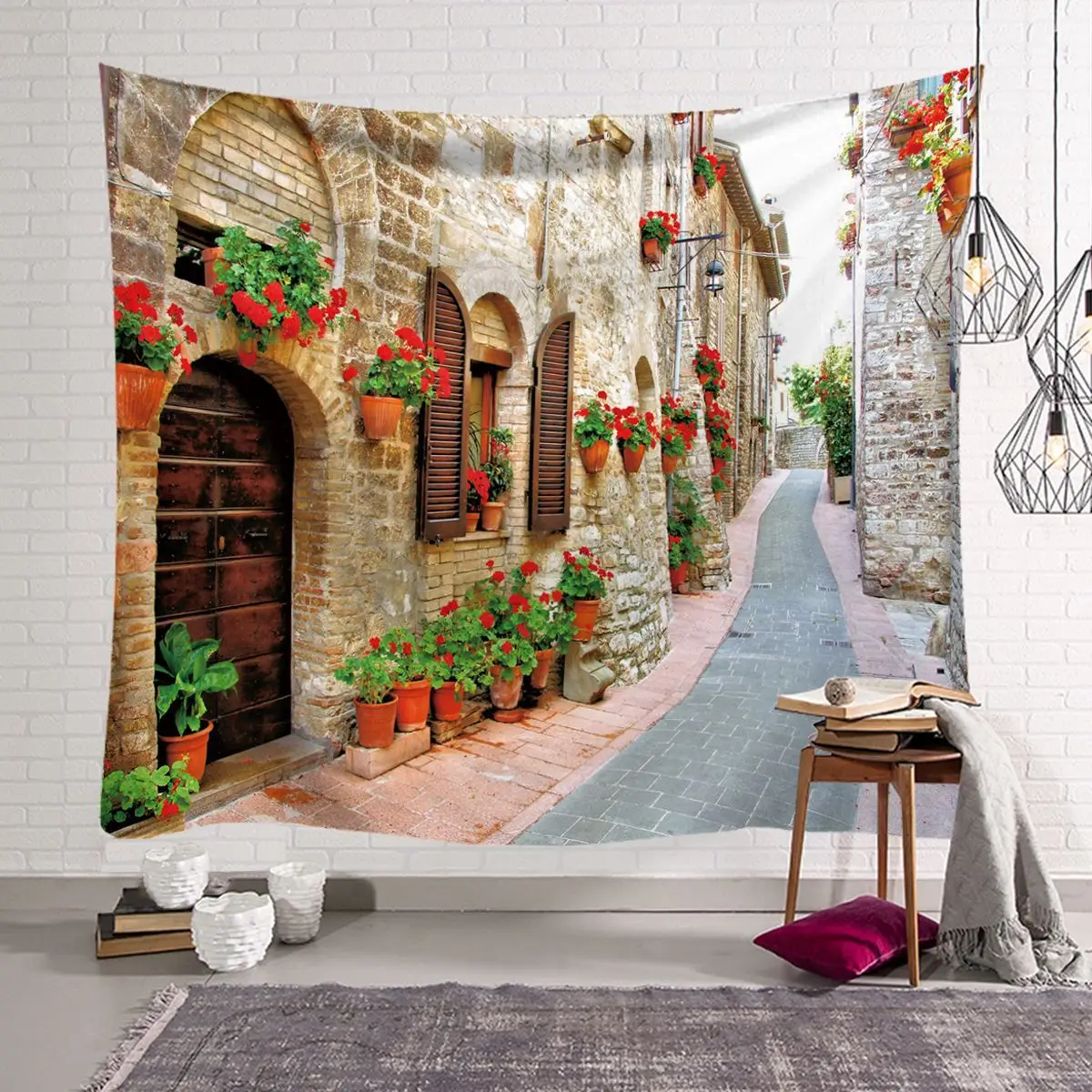 Retro European Town Street View Beautiful Flowers Printing Bedroom Living Room Background Cloth Home Decorative Wall Hanging