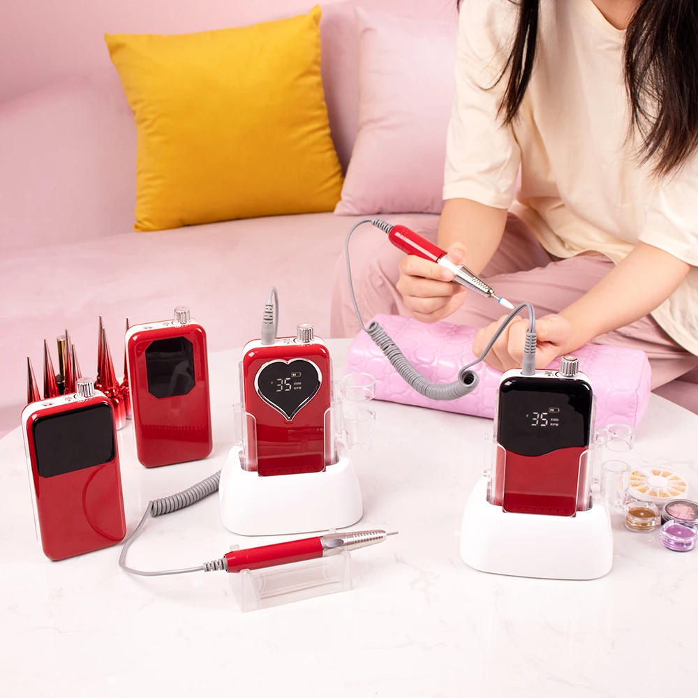 Brushless Red Handpiece Rectangle 35000RPM Portable Electric Nail Drill Machine Set for Manicure Electric File Desktop Base