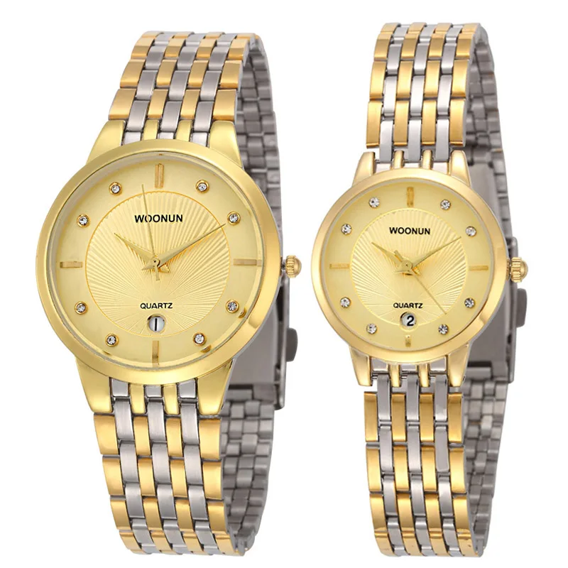 WOONUN-relojes ultradelgados de acero inoxidable para hombre y mujer, pulsera de cuarzo resistente al agua para parejas, 2023