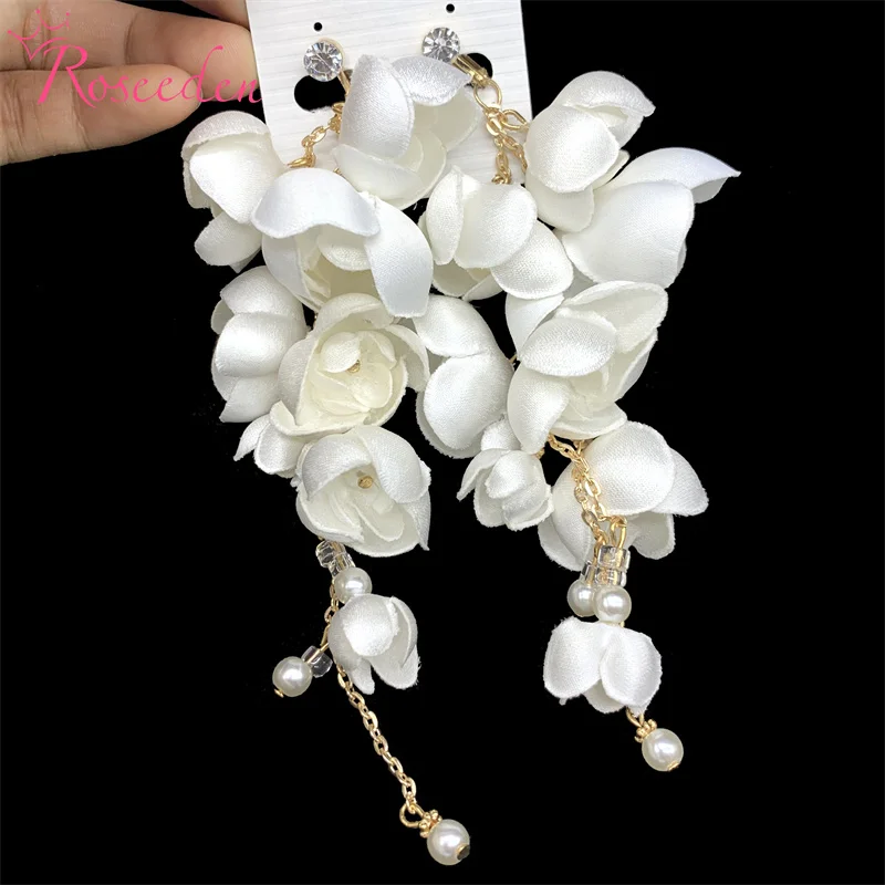 Handmade White Flower Bridal Earrings Wedding Jewelry Gold Color Women Drop Earring RE4410