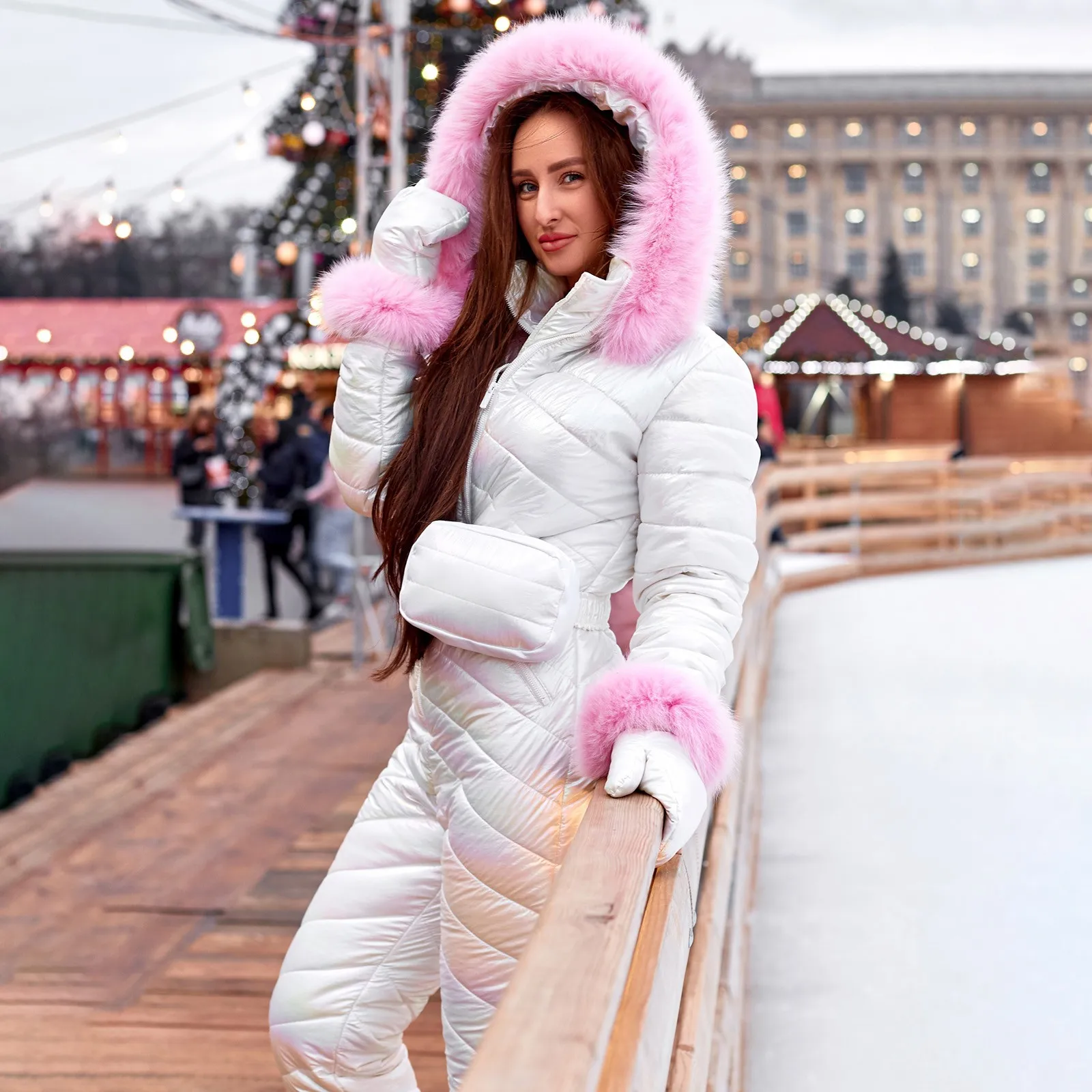 Women Winter Warm Jackets Large Fur Collar Hooded Thick Jumpsuits Parka Cotton Padded Female Ski Suit Zipper One Piece Jumpsuit