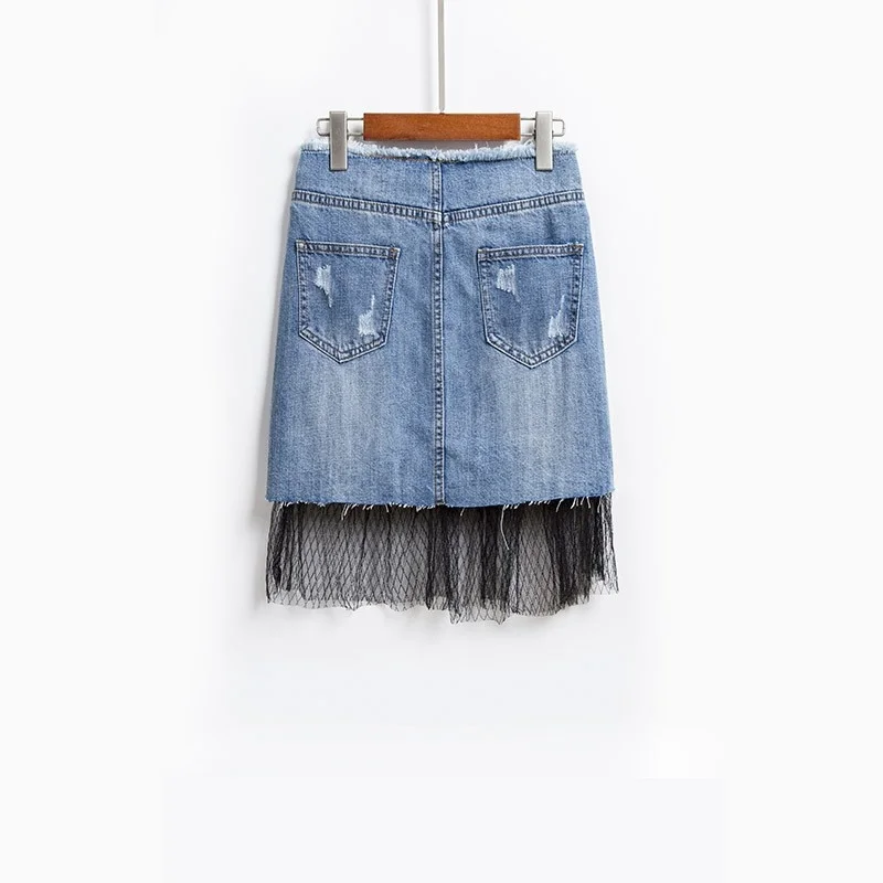 Hole Harajuku Ripped Mesh Patchwork Womens Denim Skirts Office Ladies High Waist Slim Fit Fashion Female Elegant A-Line Skirts