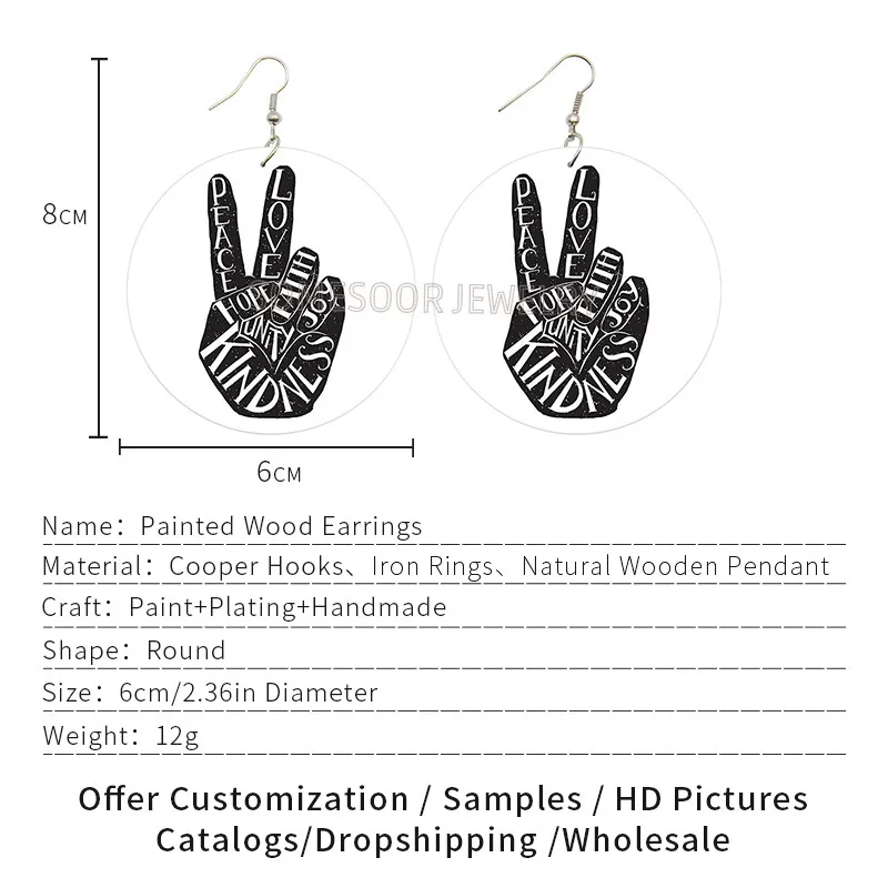 SOMESOOR Love Peace Hope Faith Kindness Wooden Drop Earrings Yeah Hands Black Sayings Arts Both Sides Printed For Women Gifts