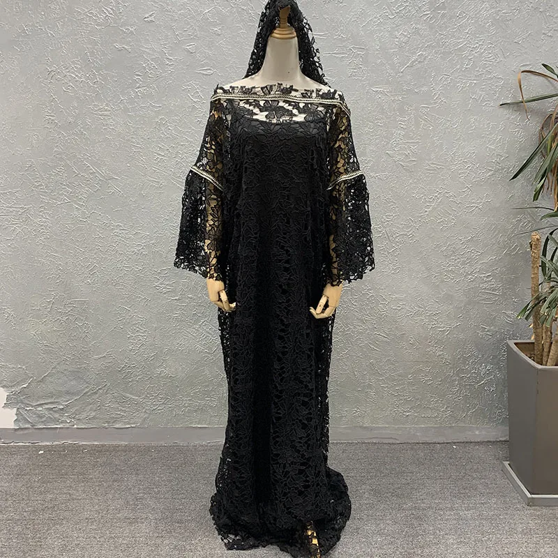 Houseofsd 2024 New Fashion African Style Lace Maxi Dress Traditional Muslim Abaya With Inner & Scarf For Ladies