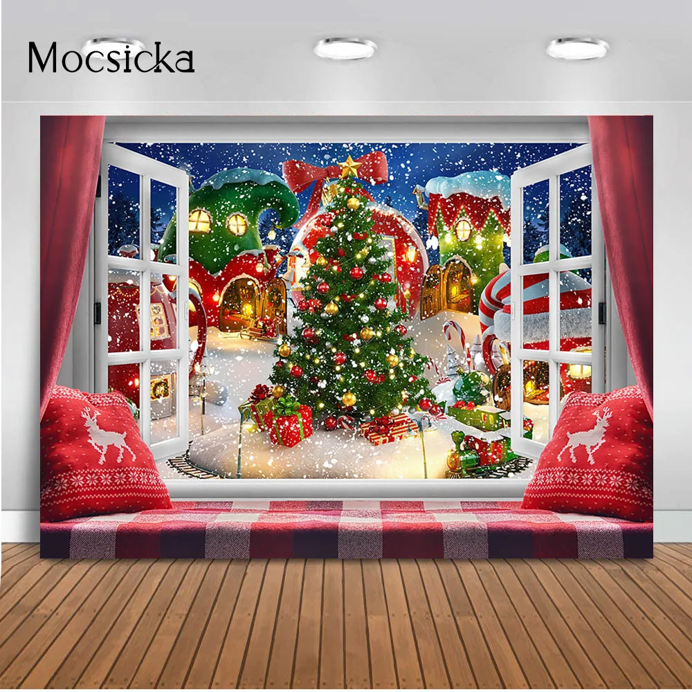 モクシカ クリスマスツリー 写真撮影背景 冬の窓の家の装飾 家族パーティー 子供 キッズ ポートレート写真