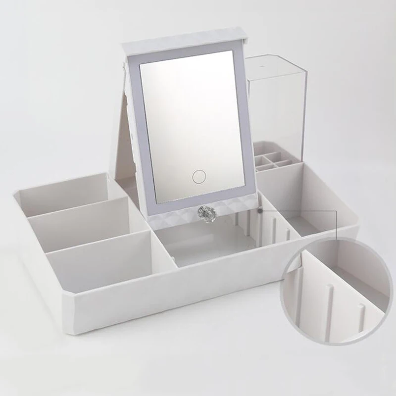 LED Touch Screen Makeup Mirror Cosmetic Storage Box USB Charging Cosmetic Box Desktop Dressing Table LED Lighting Makeup Mirror