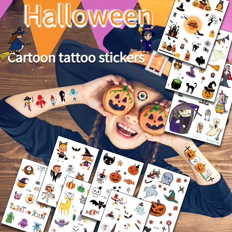 Children Halloween Tattoo Sticker Boy Girl Waterproof Cartoon Witch Pumpkin Little Ghost Party Dress Up Temporary Tattoo