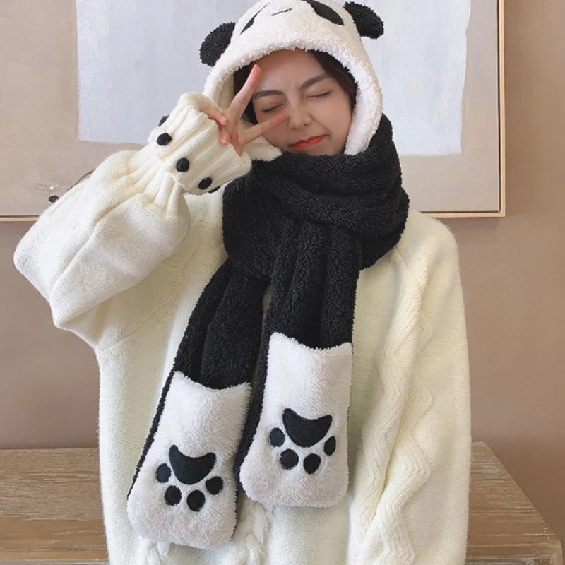 Cute Panda Hat Scarf Gloves 3-piece Set Plush Fluffy Cartoon Hat Women Winter Animal Paws Windproof Hoodie Cap Scarf Mitten