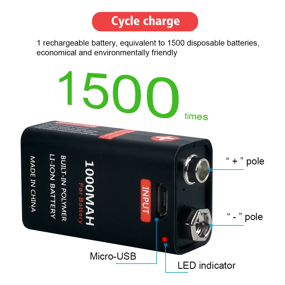 MicroUSBリチウム電池,1000mAh,6f22,充電式,9 V,リモコン,多機能,おもちゃ,リモコン