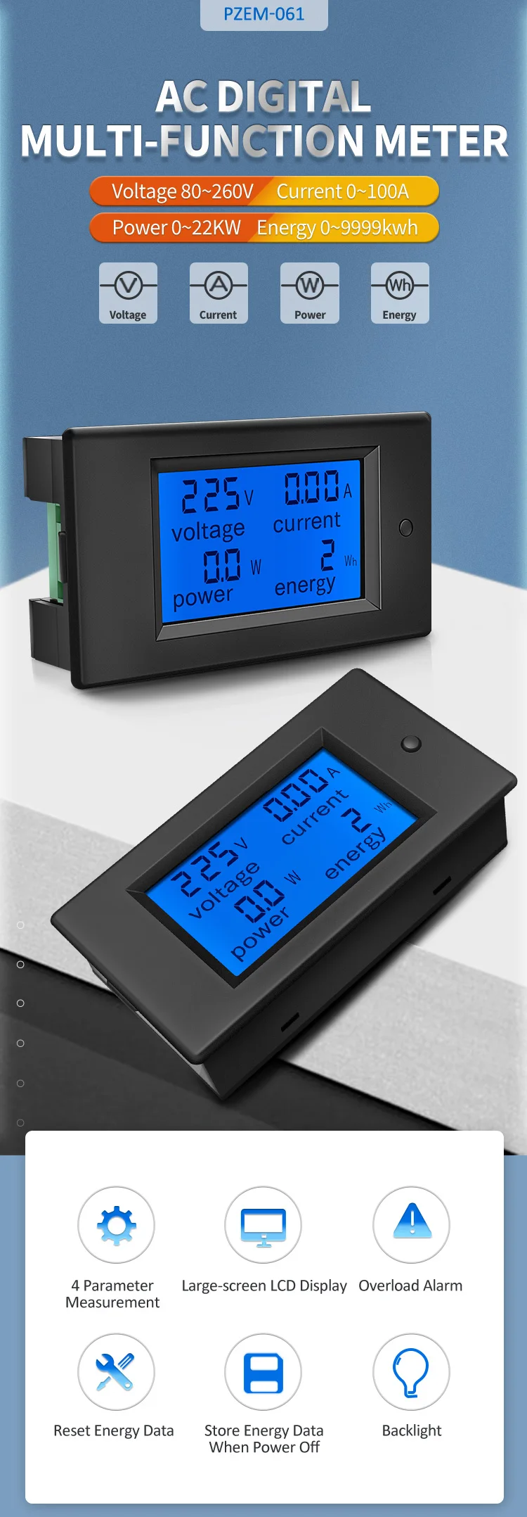 Peacefair AC Einphasiges Digitales Wattmeter Power Energy Kwh Tester Amperemeter 220V Homekit PZEM-061 mit Spule CT Kostenloser Versand – Detail 5