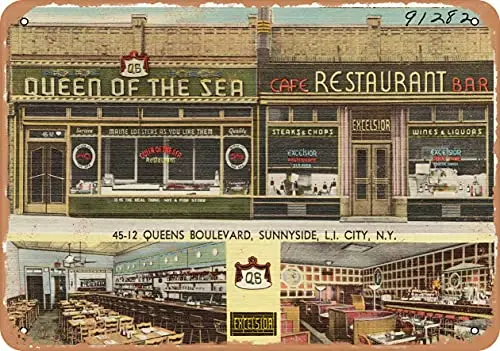 Metal Sign - New York Postcard - Queen of The Sea Restaurant, 45-12 Queens Boulevard, Sunnyside, L.I. C - Vintage Rusty Look Wa