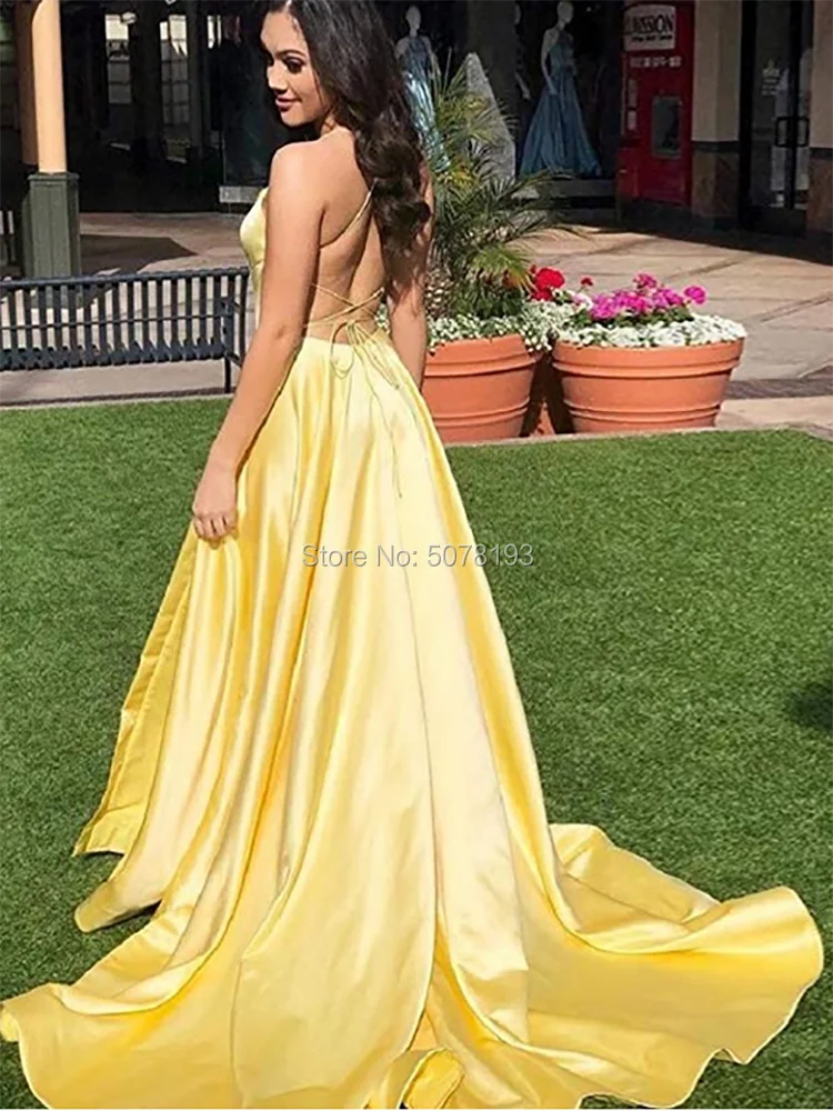 

7108 yellow halter spaghetti-straps natural A-line Floor-length Evening dresses/Formal gowns satin fashion pockets free shipping