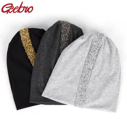 Geebro Women Soft Rhinestones Ribbon Cotton Casual Beanies Hats Solid Color Baggy Slouch Hats and Cap Lady Birthdays Gifts