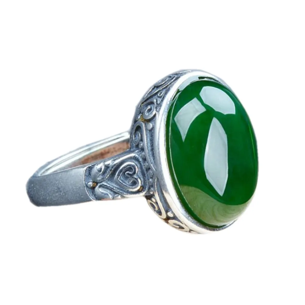 

BOCAI New S925 Silver Retro Fashionable Simple Inlaid Hotan Jade Jasper Ring Women's Adjustable