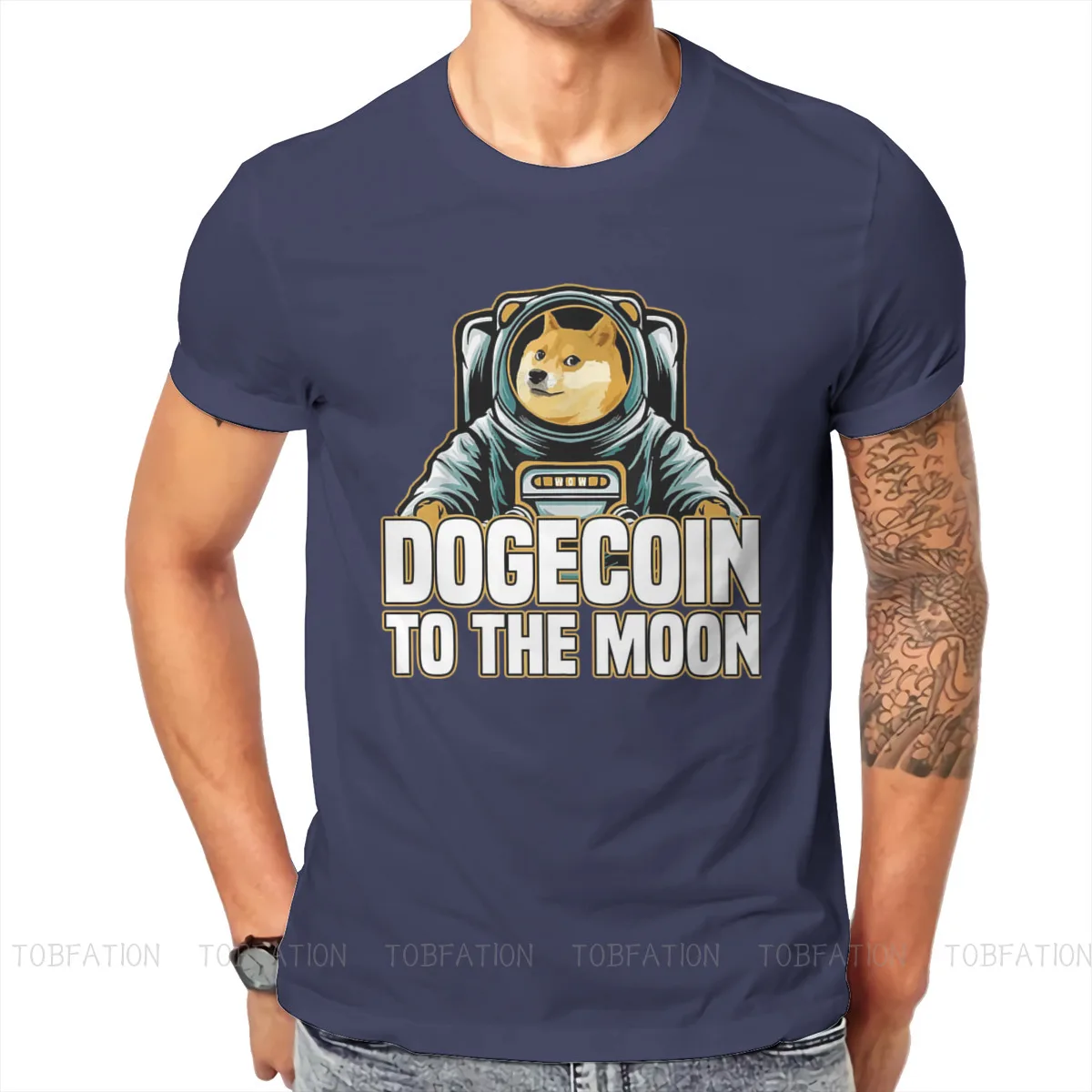 Bitcoin Cryptocurrency Nghệ Thuật Dogecoin Đến Mặt Trăng Cổ Điển Áo Vintage Đồ Họa Cao Cấp Áo Rời Cổ Tròn Nam Quần Áo